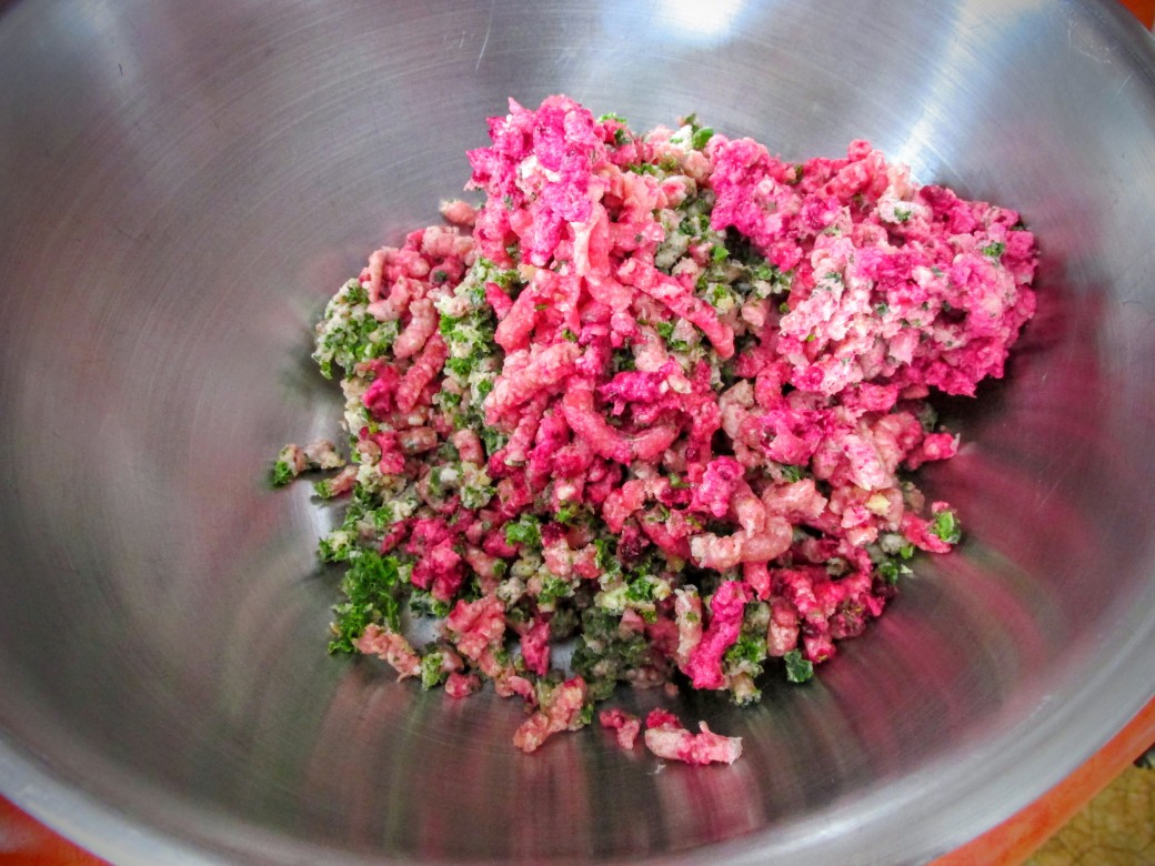 ground ingredients for vegetable loaded meatballs with kale, rutabaga, beets, and oats